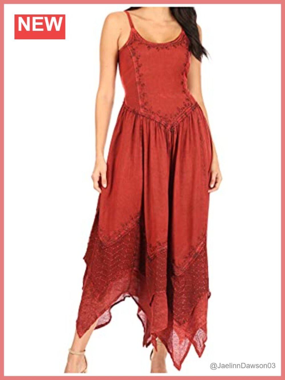 Boho Embroidered Rayon Maxi Dress Adjustable Spaghetti Strap A-Line